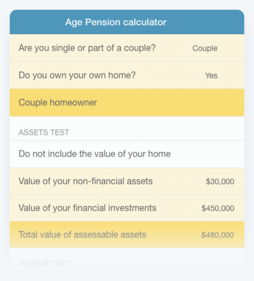 Preview of the SuperGuide Age Pension calculator, free to use with a SuperGuide account